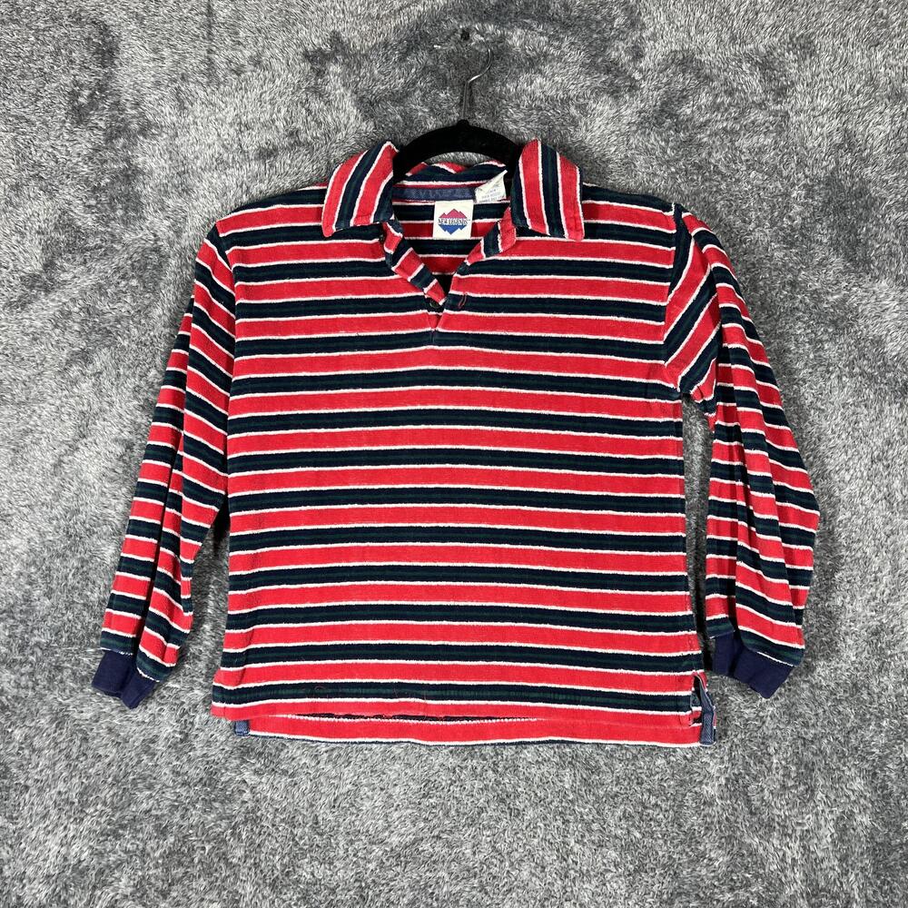 New Legends Polo Boys Large 7 Red Striped Long Sleeve Collared Pullover Cotton